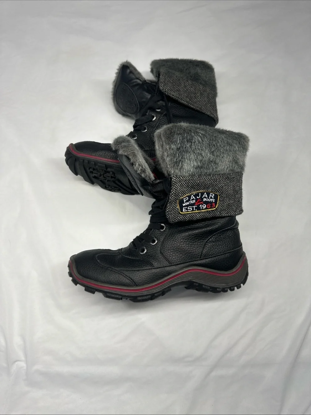 Pajar Women's Black Winter Boots with Gray Faux Fur Cuff and Red Trim